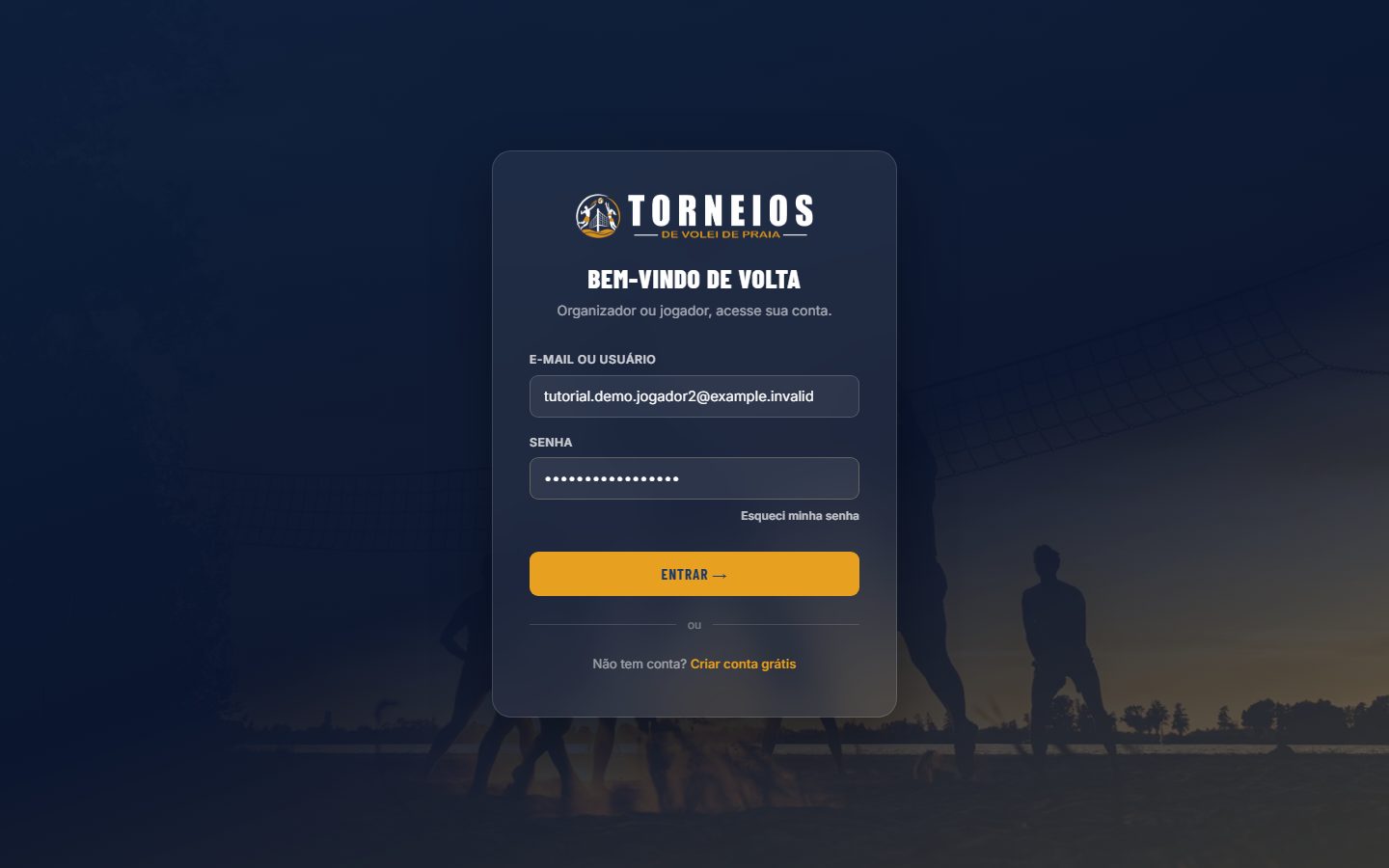 Formulário de login preenchido