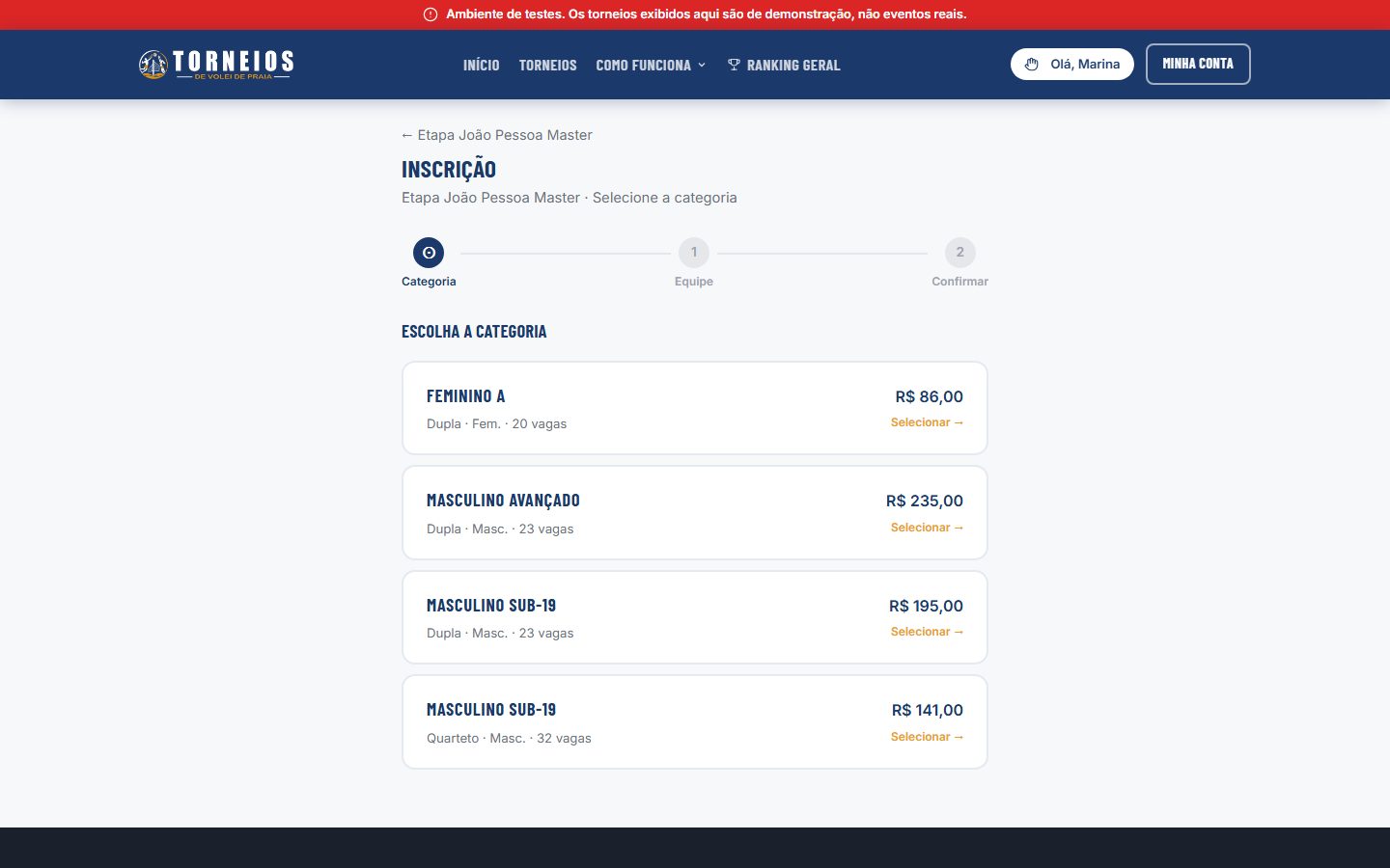 Lista de categorias disponíveis