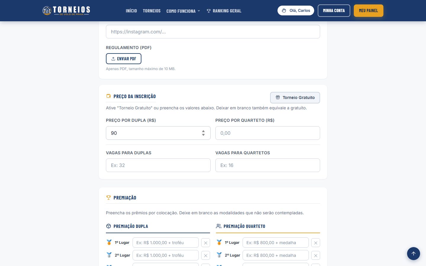 Preço de inscrição do torneio