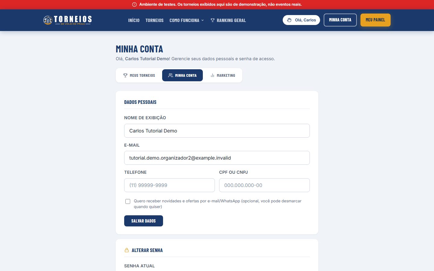 Dados pessoais do organizador em Minha Conta