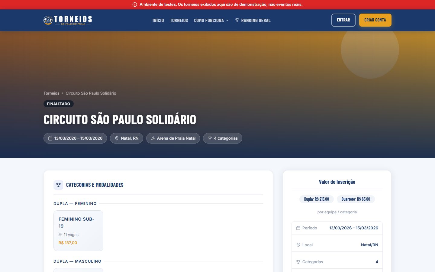Barra de modo organizador na página pública do torneio